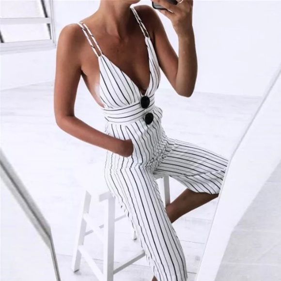 Pants - 🌴Preorder🌴 Black & White Striped Capri Jumpsuit